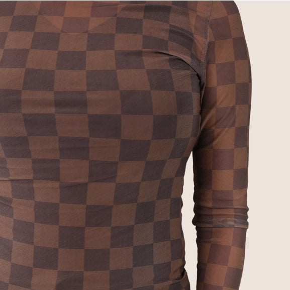 Keigan Chocolate Checkered Mesh Long Sleeve Top