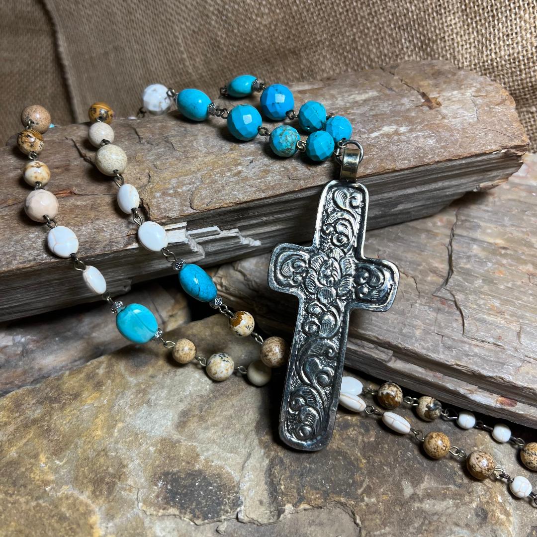 Neutral Cream Tan Turquoise and Silver Cross Statement Necklace