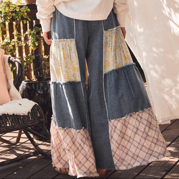 Mixed Fabric Patchwork Wide Leg Pants