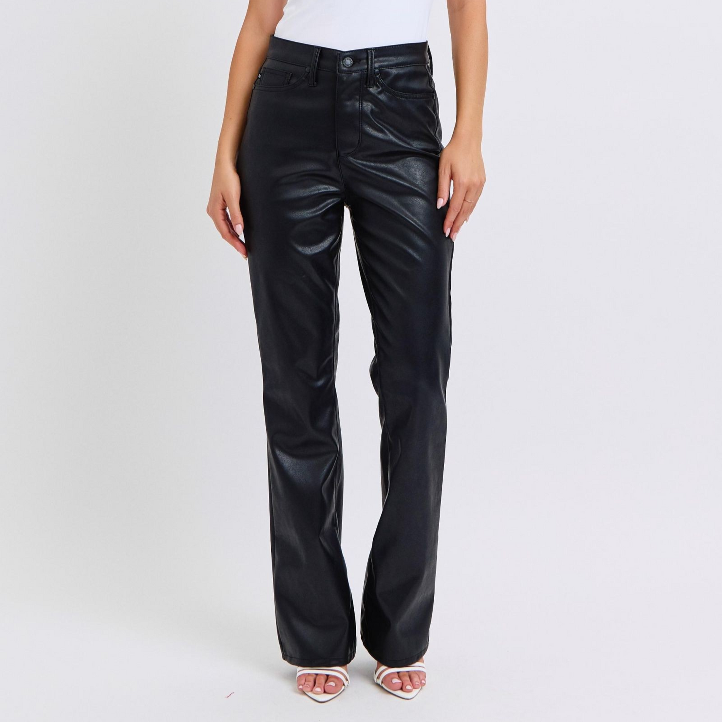 High Waist Tummy Control Black Faux Leather Bootcut