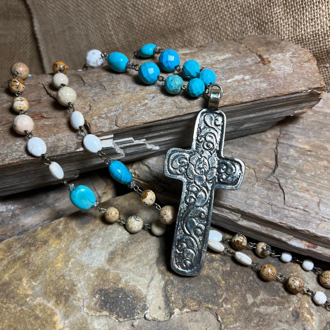 Neutral Cream Tan Turquoise and Silver Cross Statement Necklace