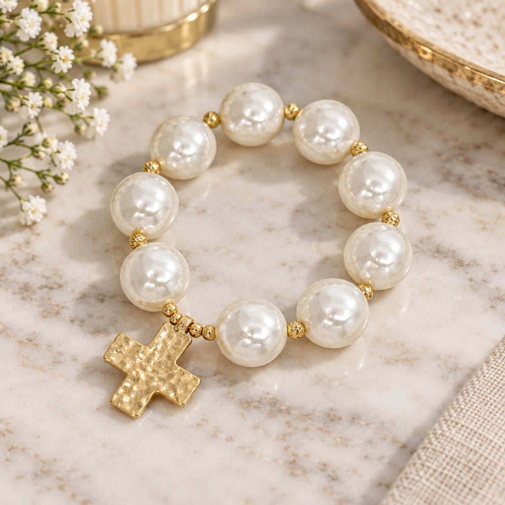Water Resistant 20MM Pearl Beaded and Cross Stretch Bracelet Set