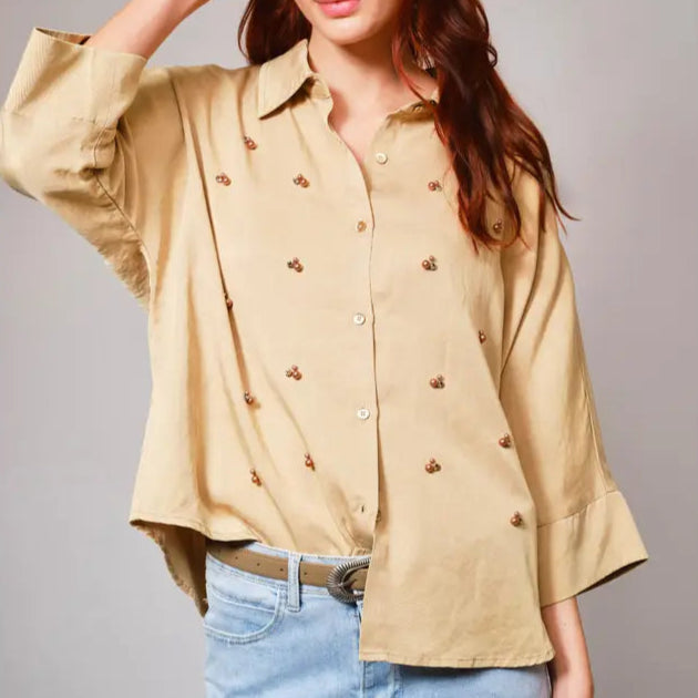 Hi-Low Pearl Embellished Chambray Top