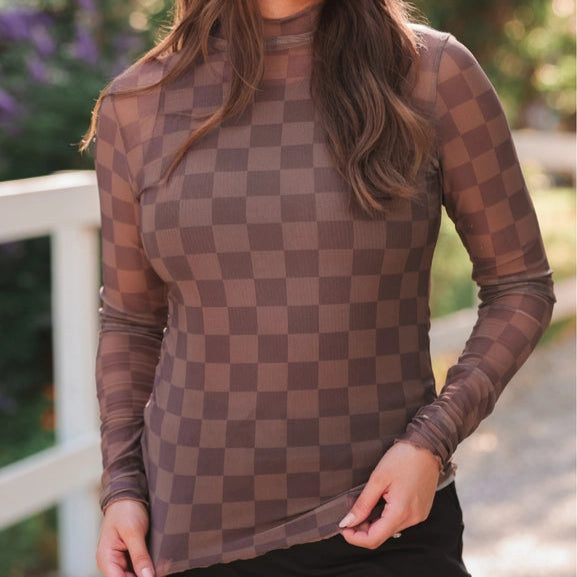 Keigan Chocolate Checkered Mesh Long Sleeve Top
