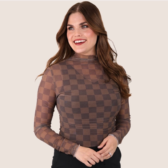 Keigan Chocolate Checkered Mesh Long Sleeve Top
