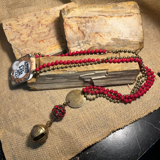Red Bead Crystal Ball & Vintage Style Bell on Double Strand Long Necklace