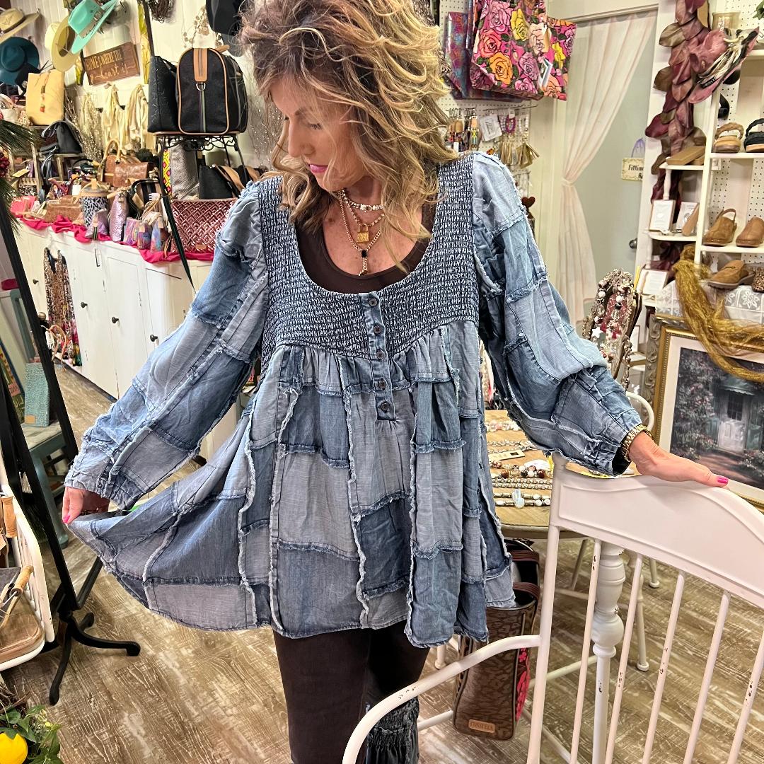 Keyhole Back Patch Denim Top