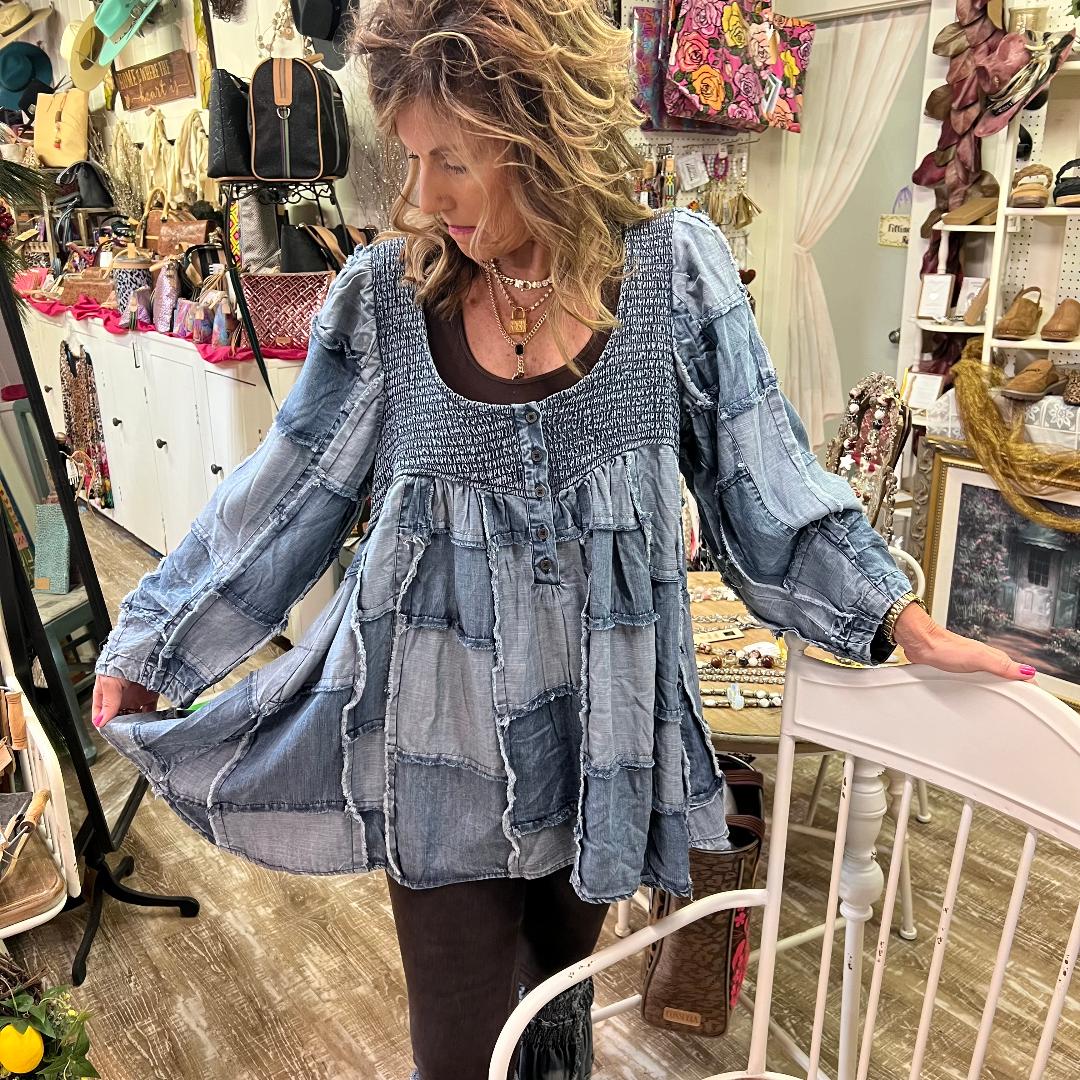 Keyhole Back Patch Denim Top