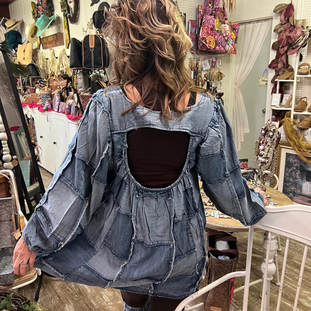 Keyhole Back Patch Denim Top