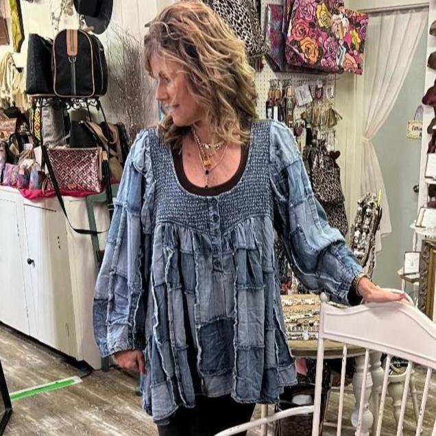 Keyhole Back Patch Denim Top