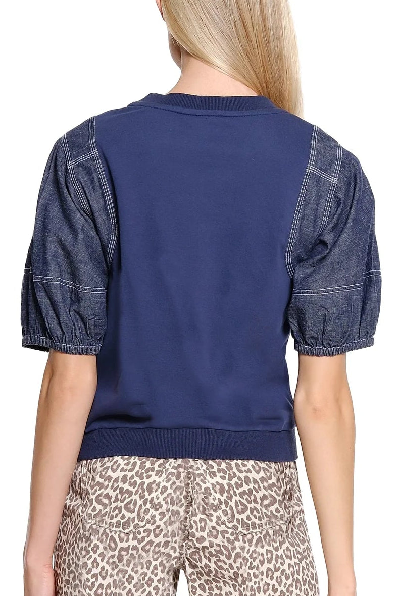 Knit Top with Denim Sleeves
