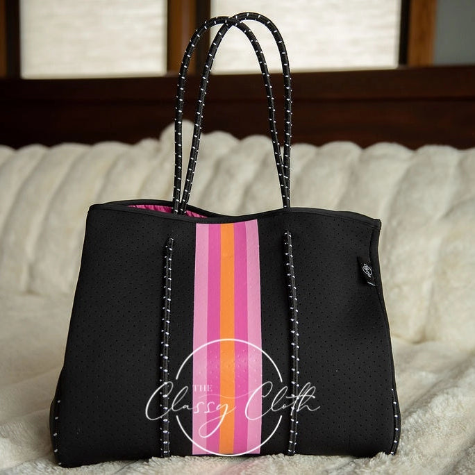 Black with Hot Pink & Orange Stripe Beach Bag