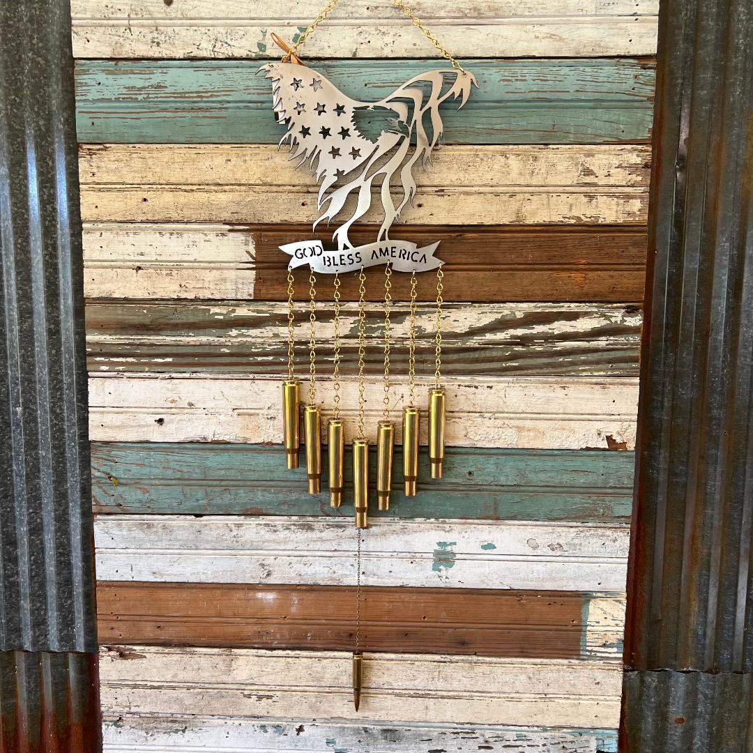 Large Eagle God Bless American Bullet Windchime .50 BMG
