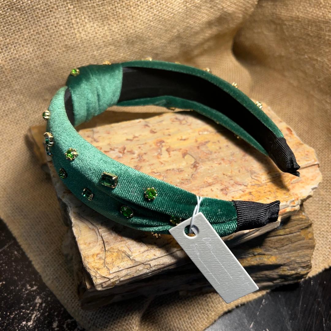Green Velvet Rhinestone Head Band