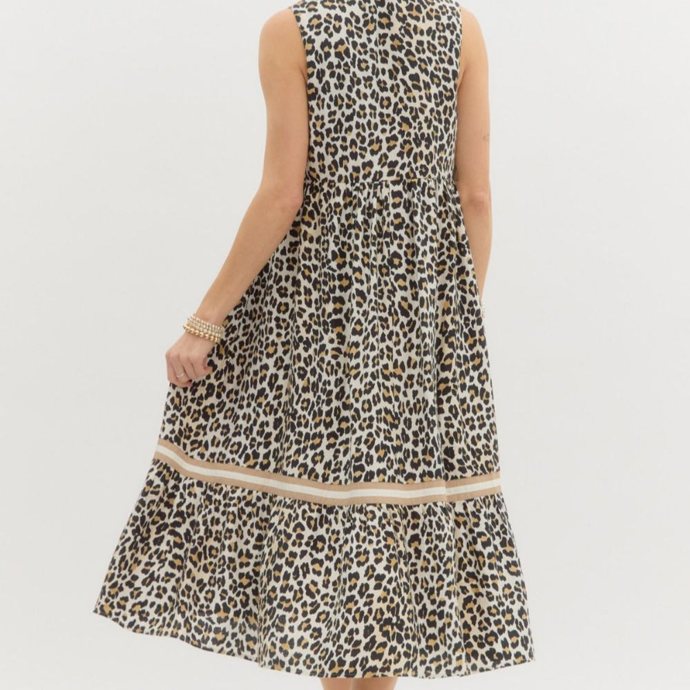 Leopard Print Sleeveless Midi Dress