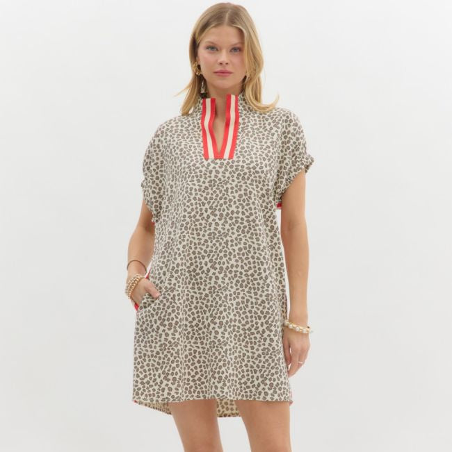 Leopard Print Short Sleeve Pullover Mini Dress