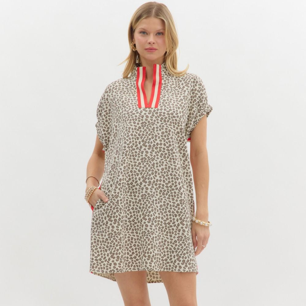 Leopard Print Short Sleeve Pullover Mini Dress
