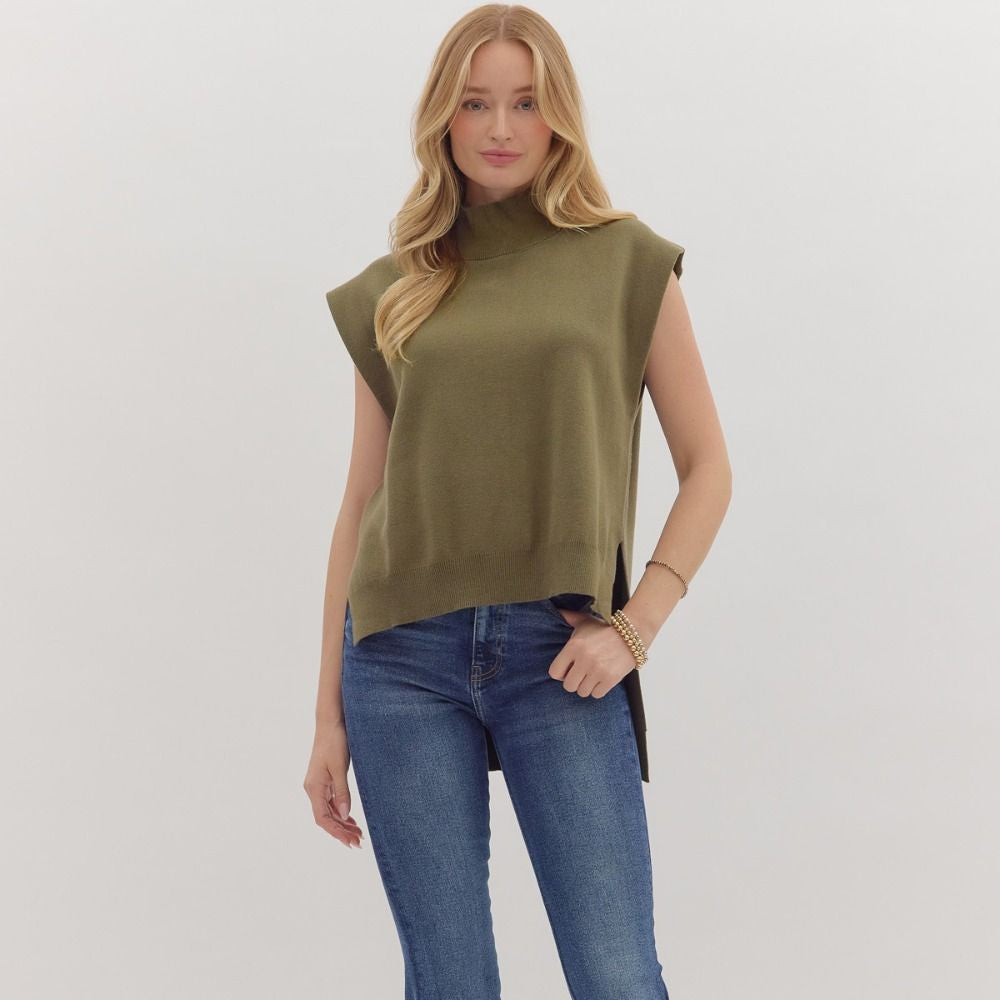 Olive Mock Neck Muscle Sweater