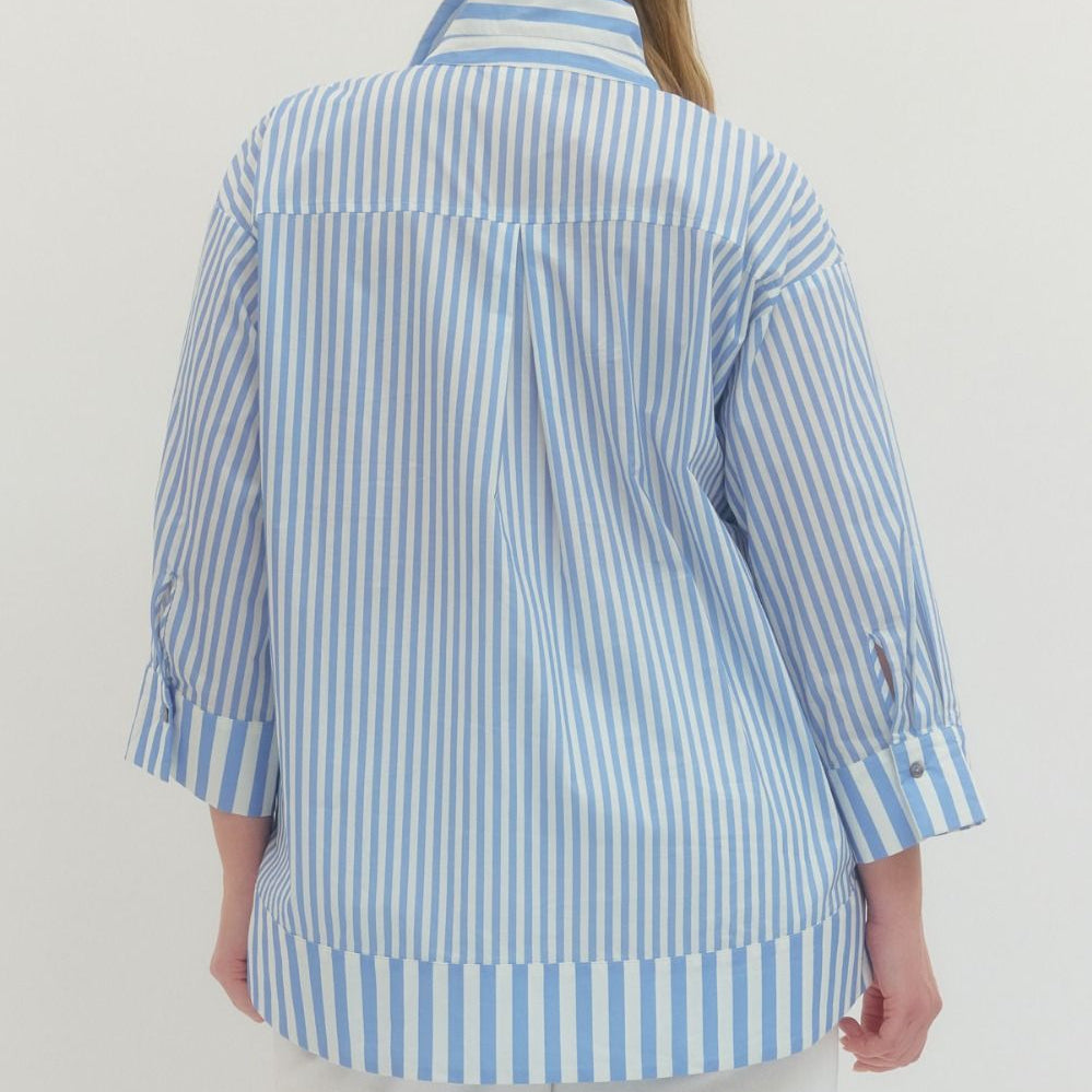 Blue Stripe Top With Pearl Button