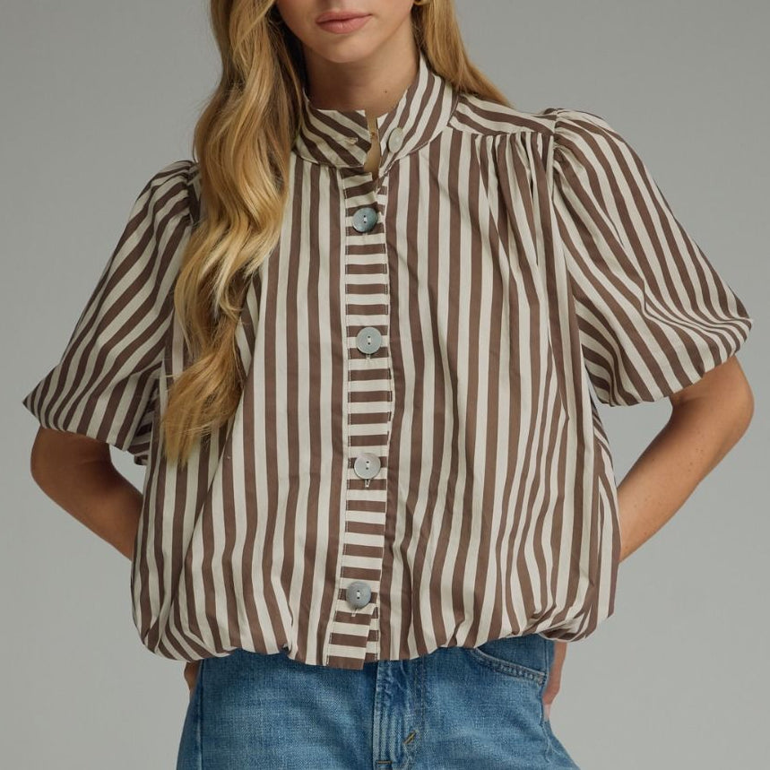 Strip Print With Balloon Sleeve Top