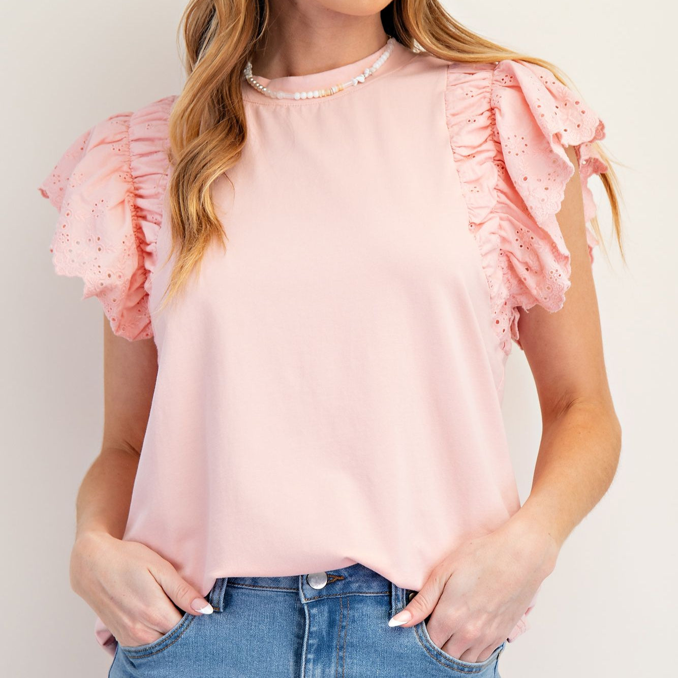 Cotton Knit Top with Lace Wing Sleeves