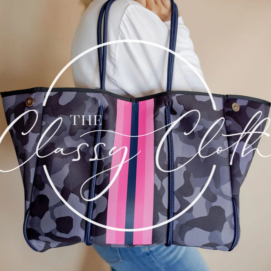 Purple Grey Camo W/Pink Stripe Beach Bag