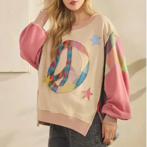 Patchwork Peace Sign Plaid Sleeve Sweatshirt