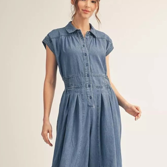 Short Drop Shoulder Wide Leg Washed Denim Jumpsuit