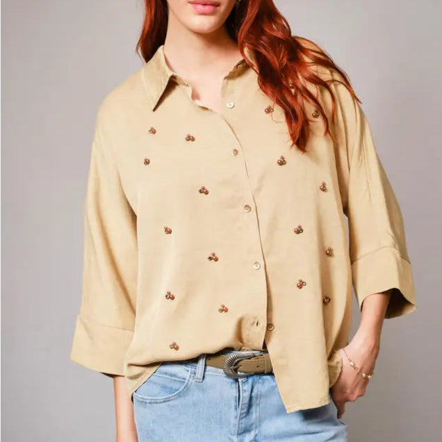 Hi-Low Pearl Embellished Chambray Top