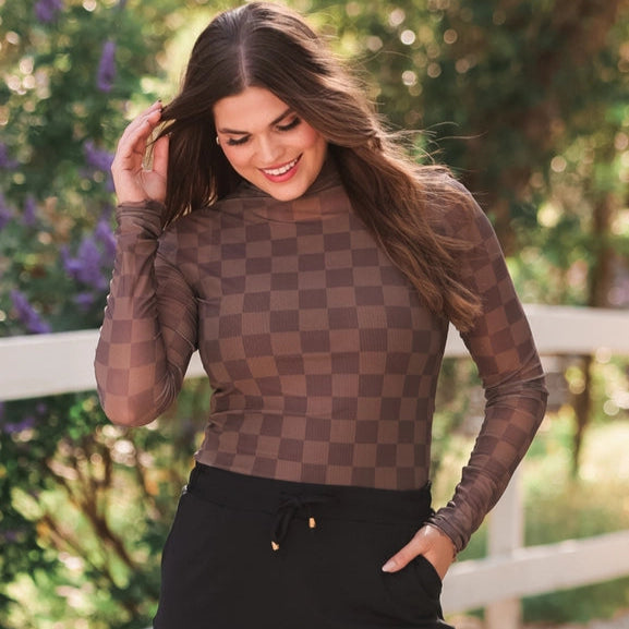 Keigan Chocolate Checkered Mesh Long Sleeve Top