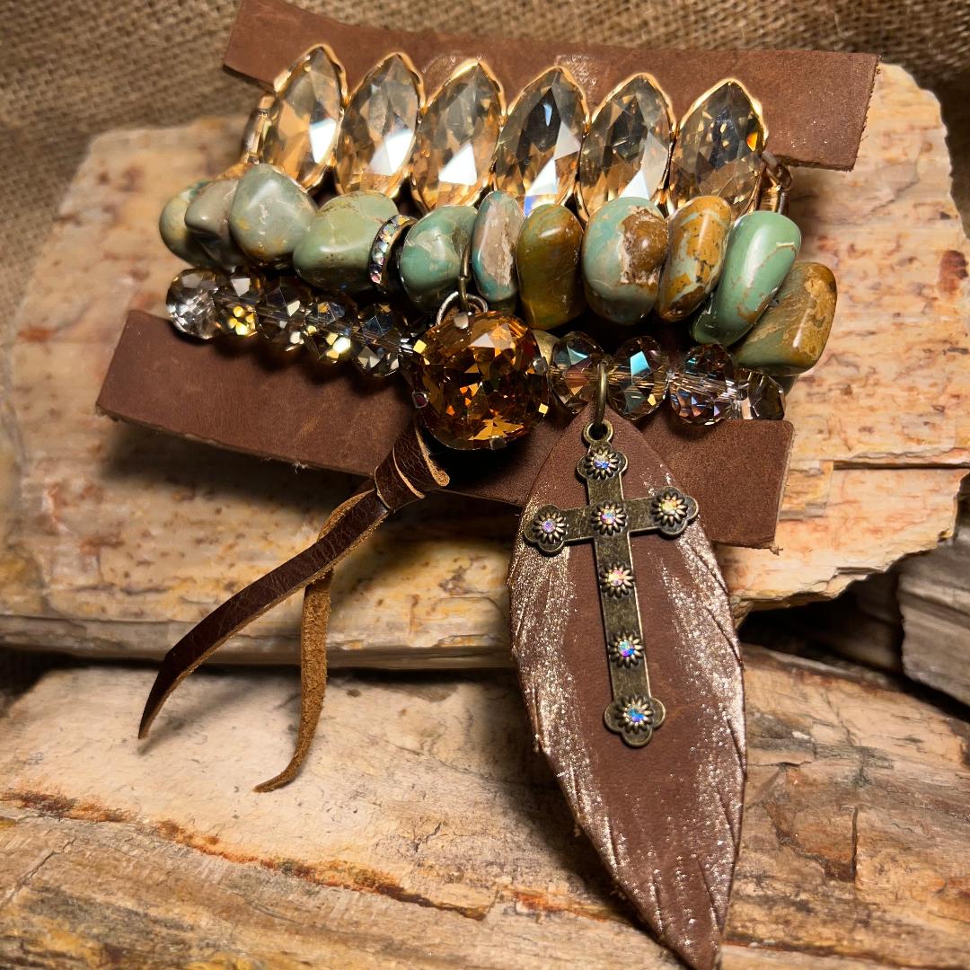 Marquis Gold and Variegated Turquoise Beads Stack Bracelets with Feather Drop
