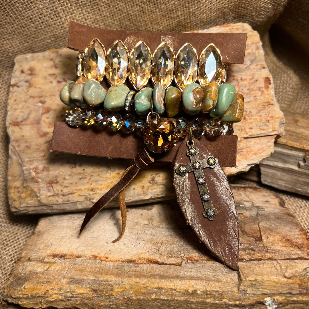 Marquis Gold and Variegated Turquoise Beads Stack Bracelets with Feather Drop