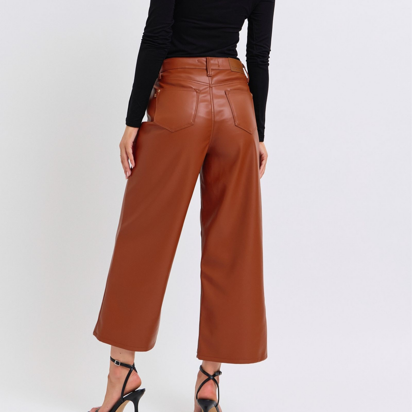 High Waist Tummy Control Camel Faux Leather Crop Wide Leg