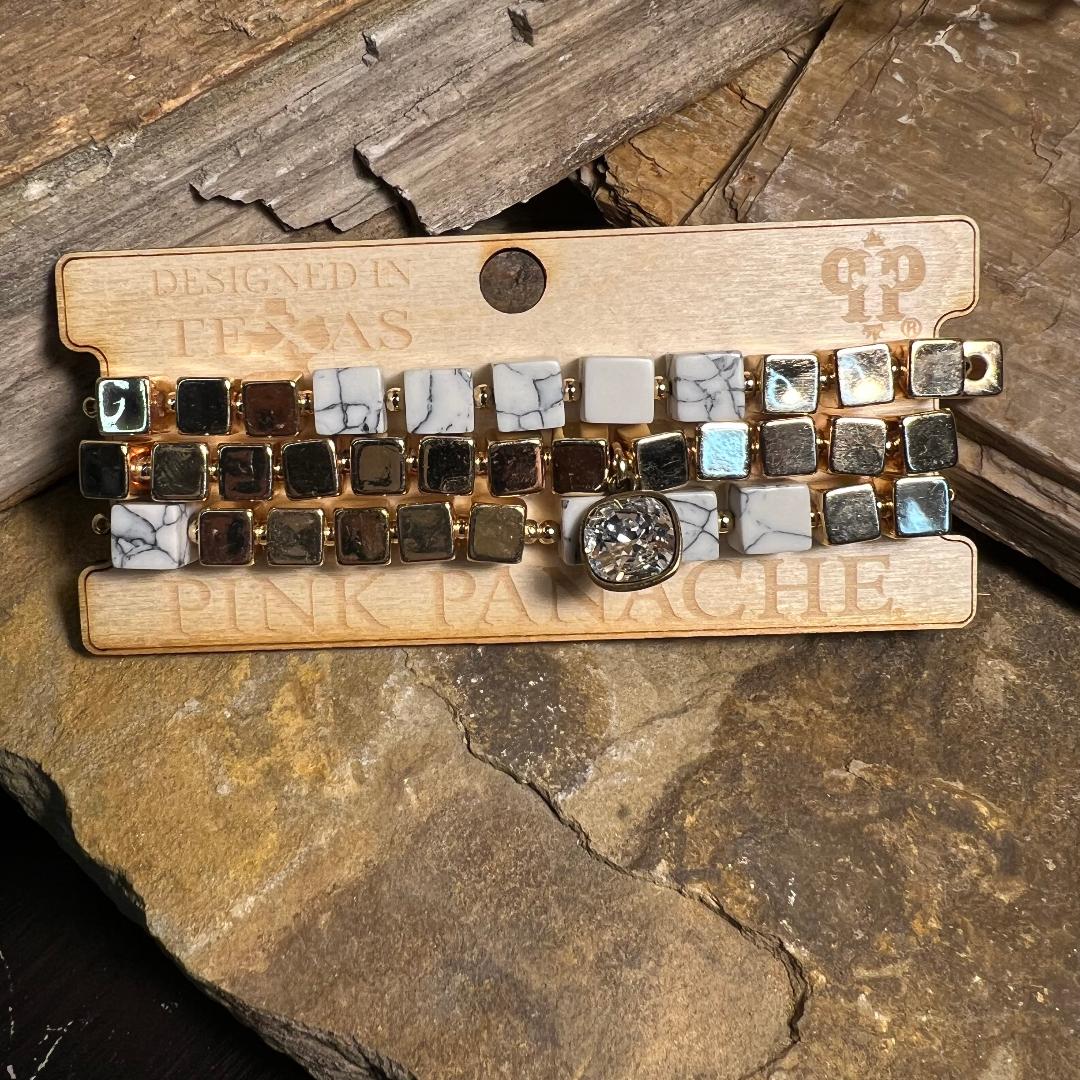 White Stone & Gold Square Bead Bracelet