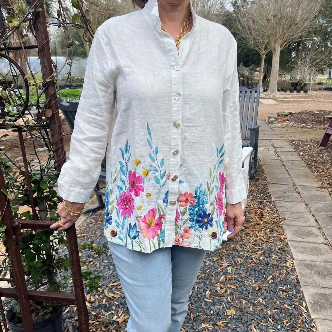 Floral Border Print with Wire Collar Button Up Front