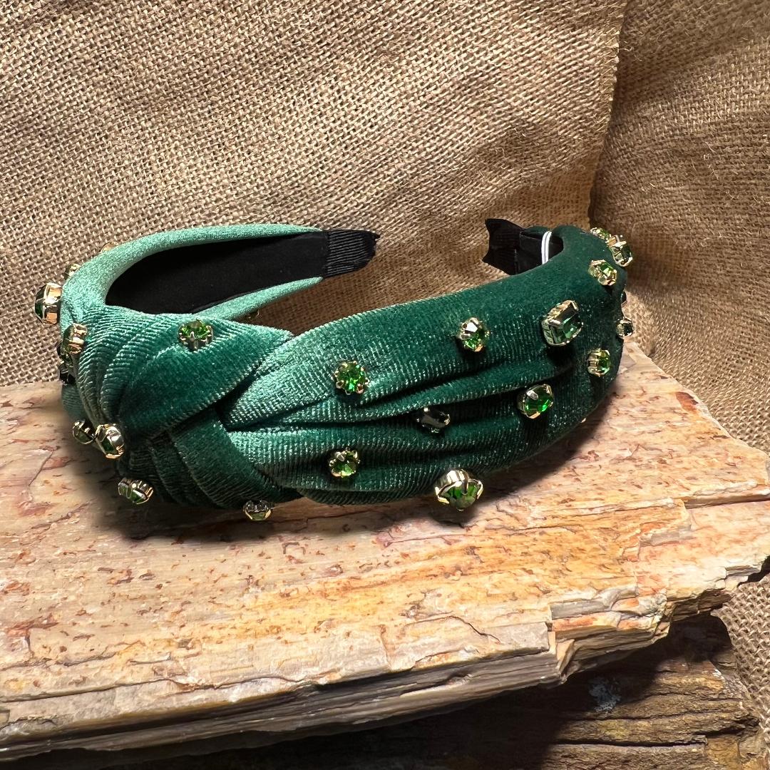 Green Velvet Rhinestone Head Band