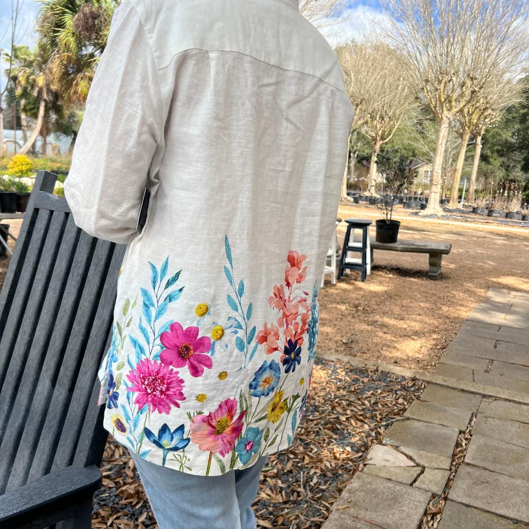 Floral Border Print with Wire Collar Button Up Front