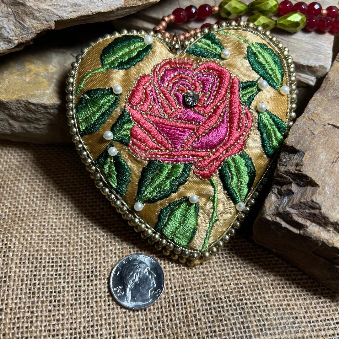 Satin Embroidered Rose Heart Necklace