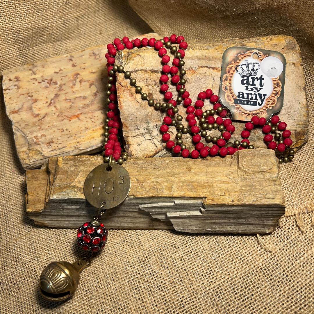 Red Bead Crystal Ball & Vintage Style Bell on Double Strand Long Necklace