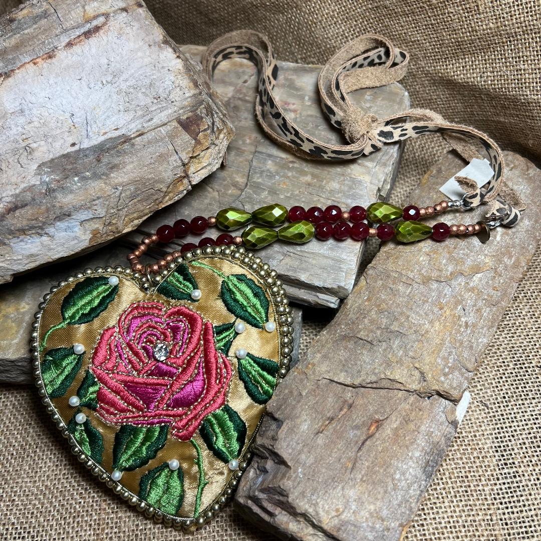 Satin Embroidered Rose Heart Necklace
