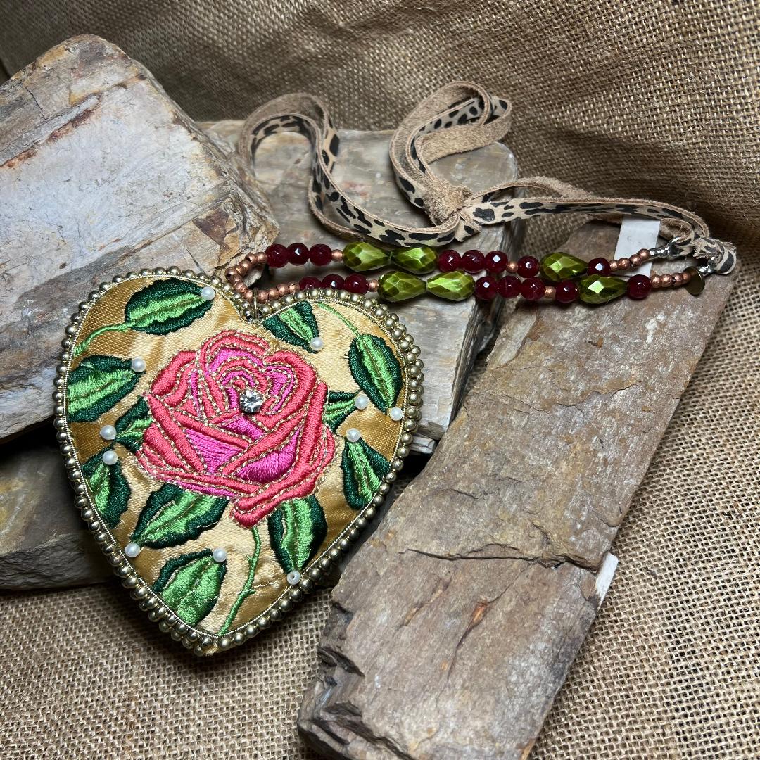 Satin Embroidered Rose Heart Necklace