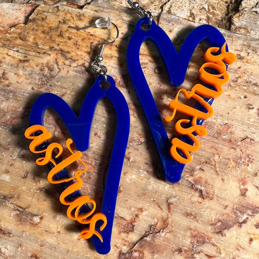 Love Our Astros Blue & Orange Acrylic Heart Earrings