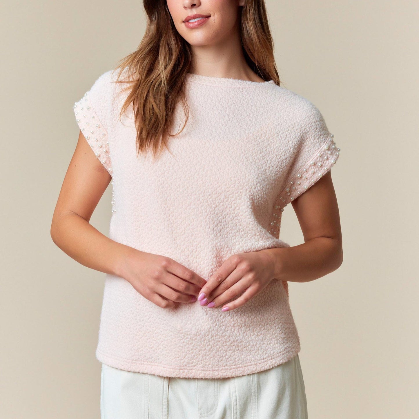 Boxy Cut Textured Top with Pearl Details