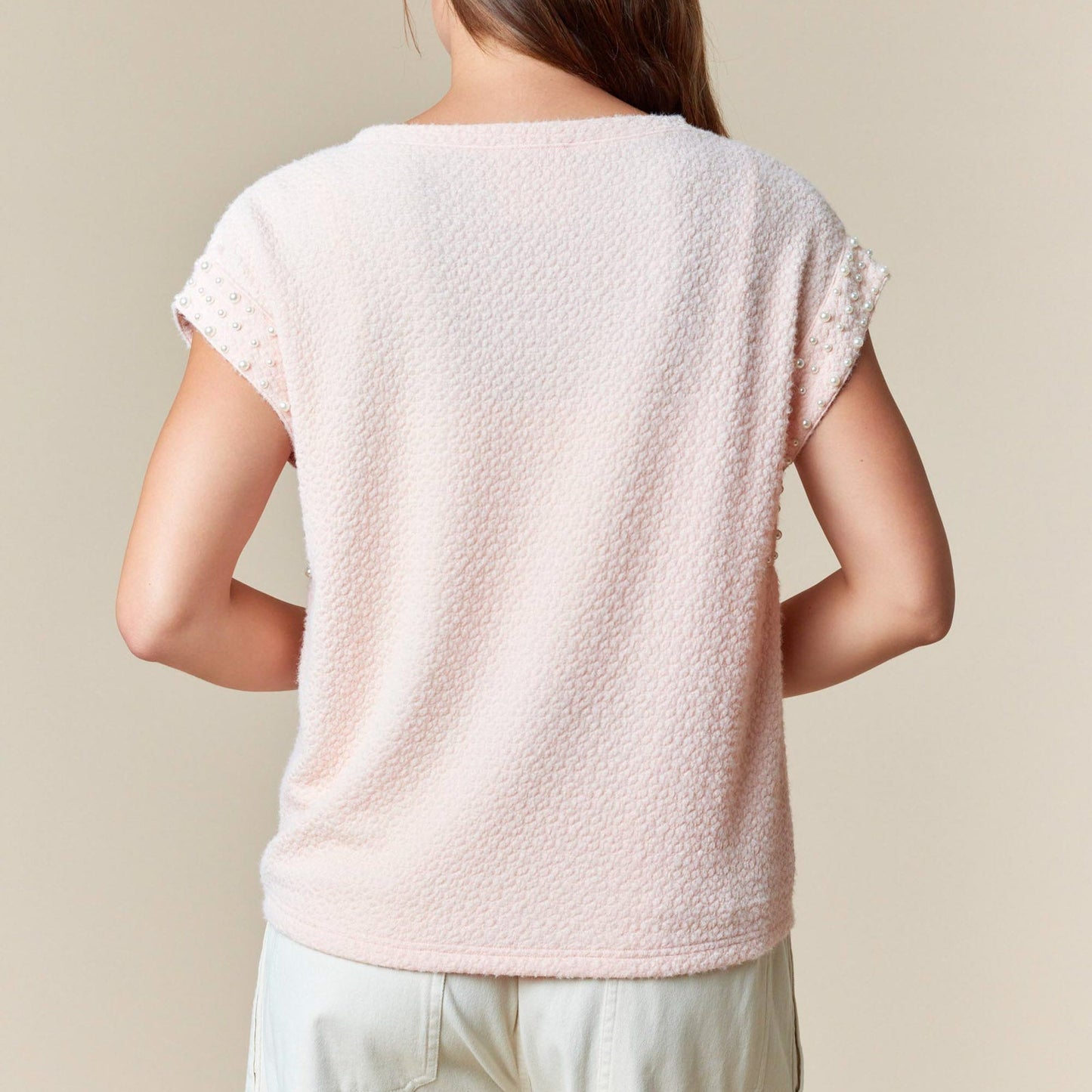 Boxy Cut Textured Top with Pearl Details