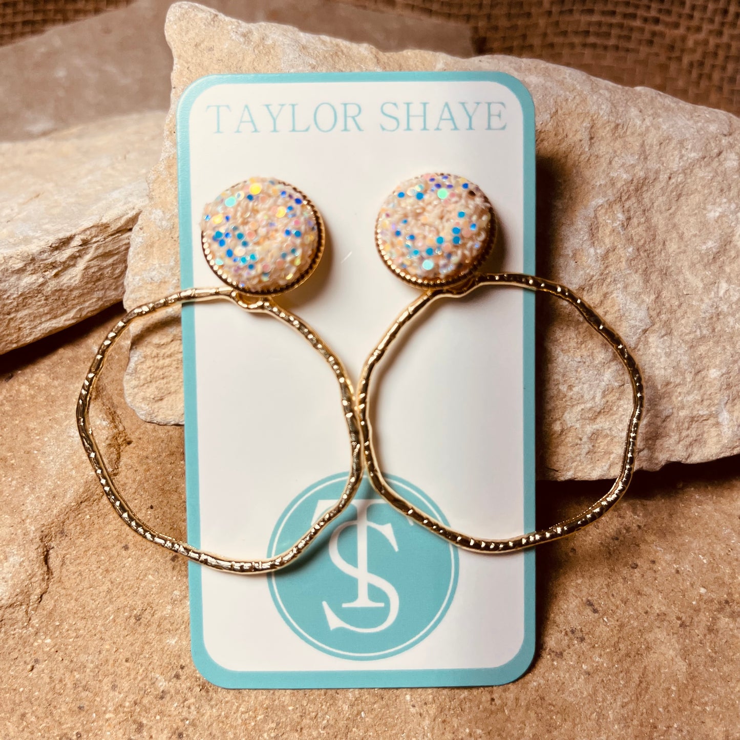 Round Off White Glitter Top Hoop Earrings