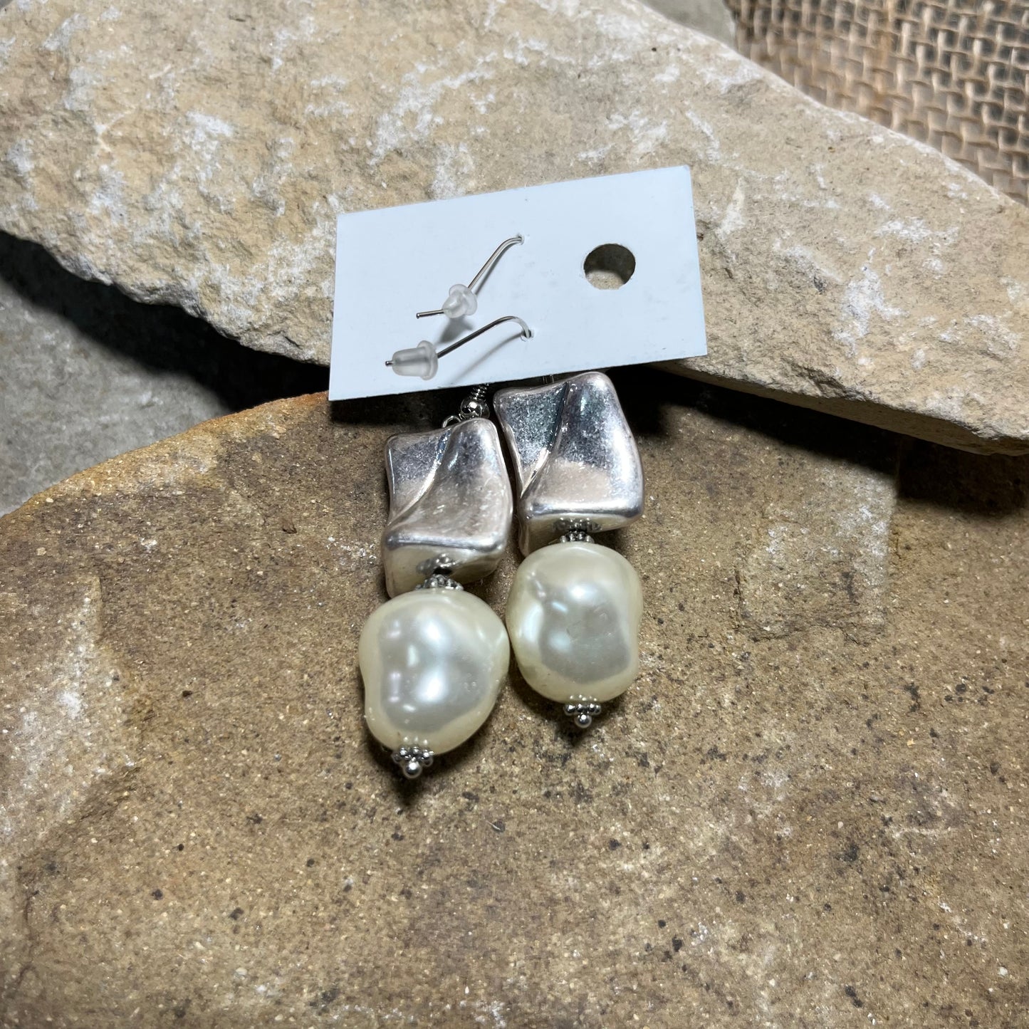 Gray Asymmetrical Block with Pearl Drop Earrings