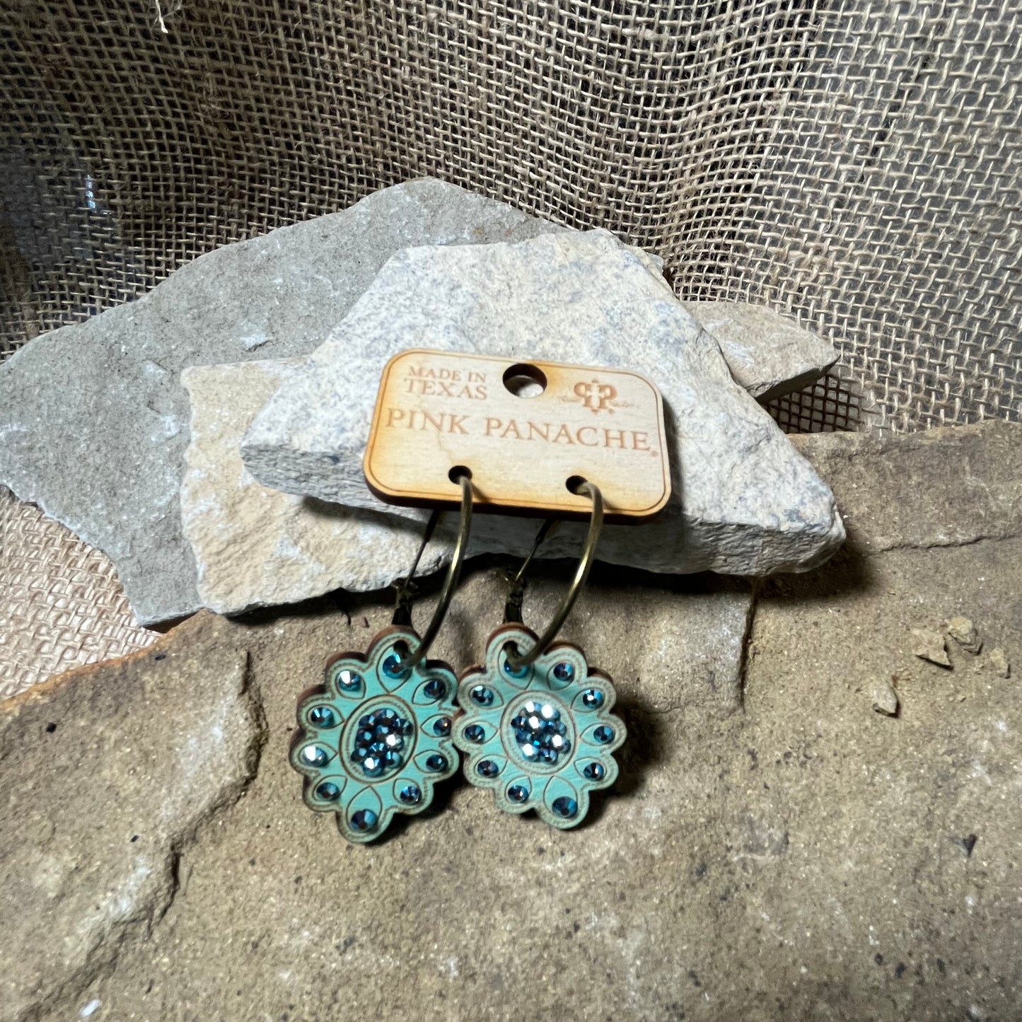 Teal Wood and Crystal Pendent Hoop Earrings