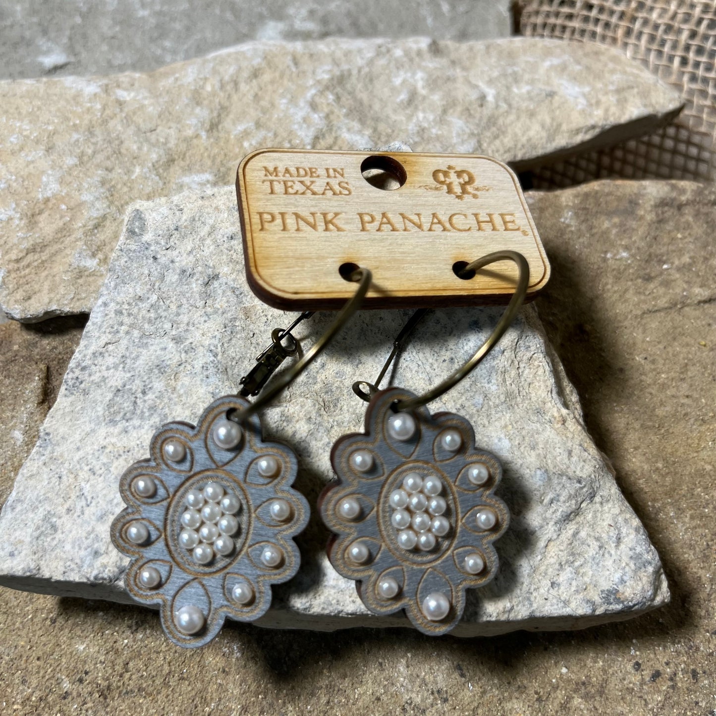 Grey Wood and Pearl Pendent Hoop Earrings