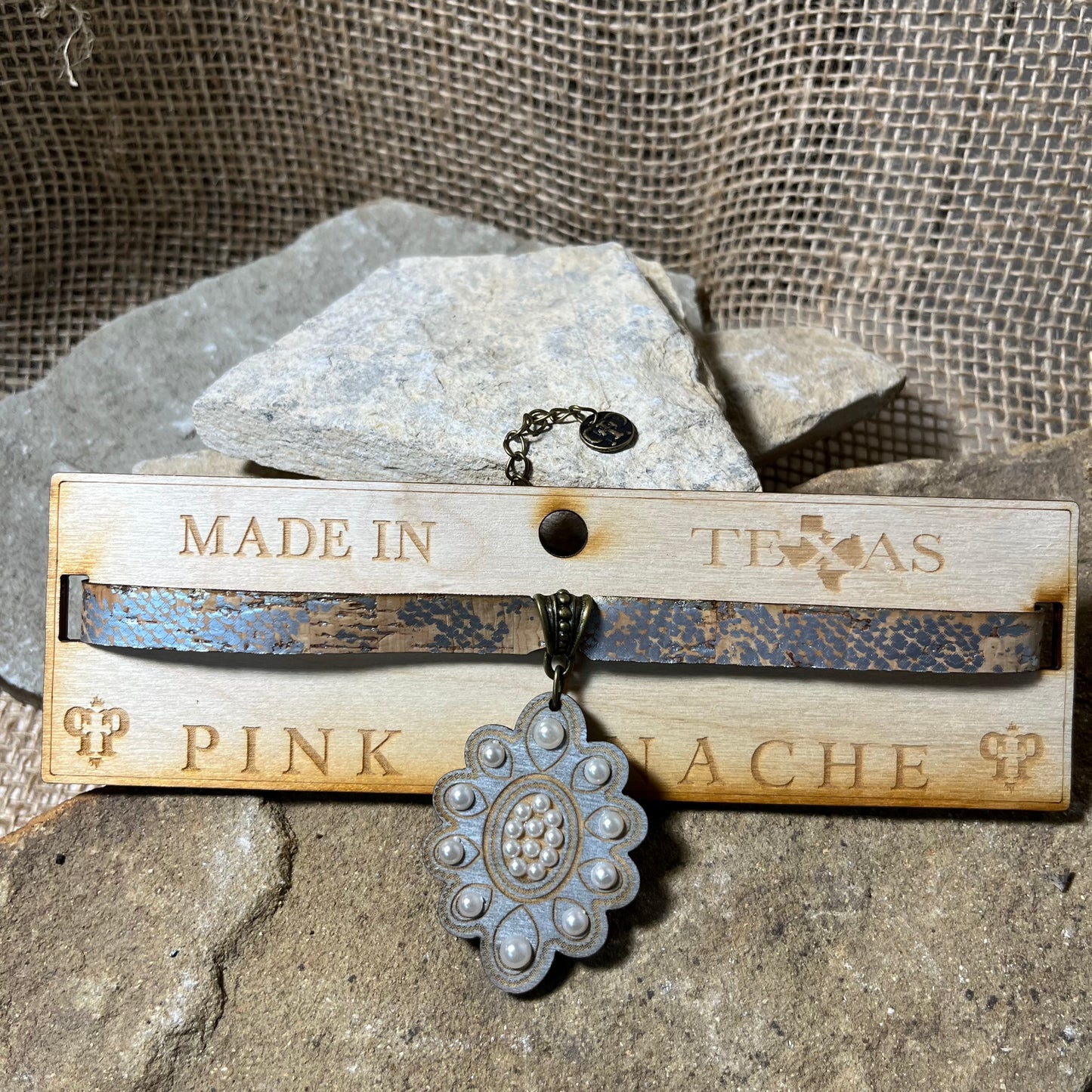 Tan/Silver Choker with Pearl Embellished Wood Pendent