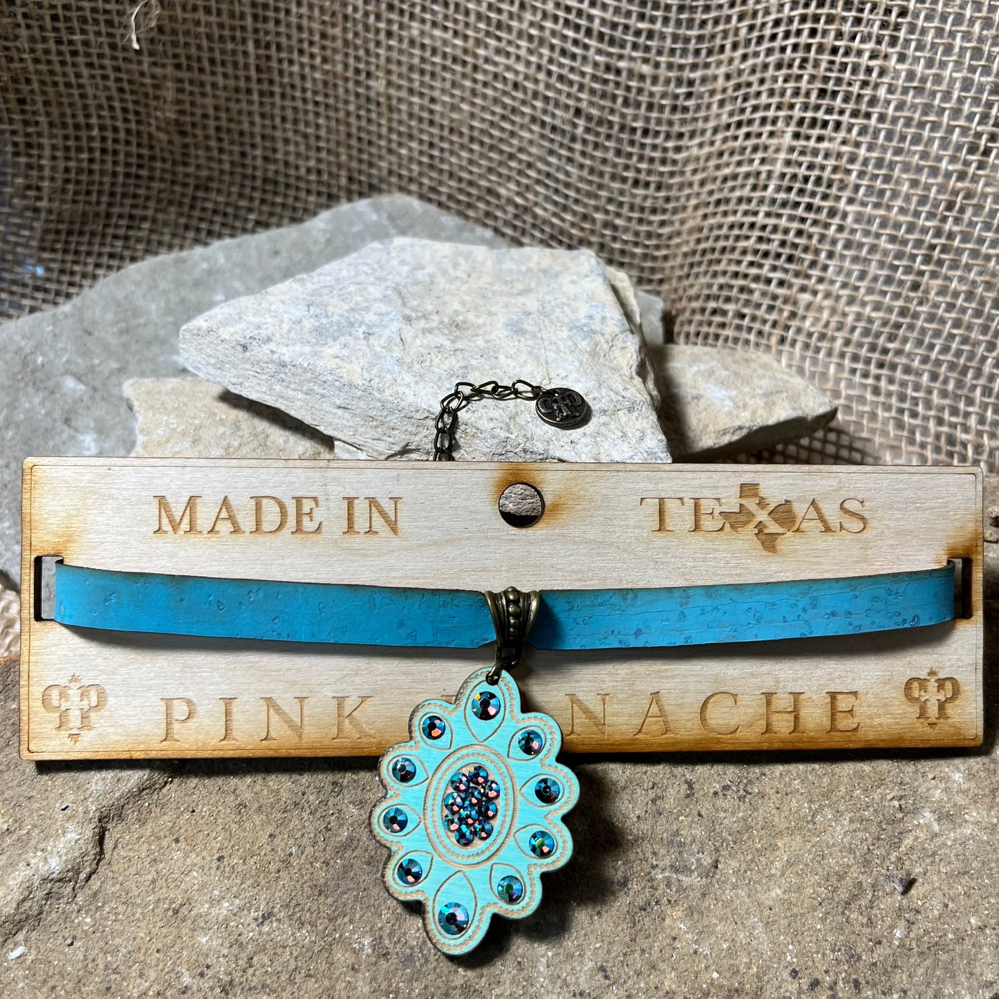 Teal Choker with Crystal Embellished Wood Pendent